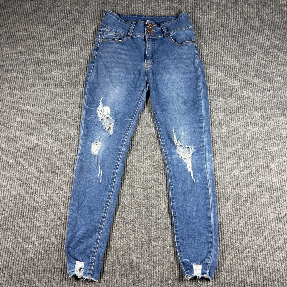 Blue Savvy Jeans Womens Size 7/28 Blue Distressed Skinny High‎ Rise 3-Button Fly